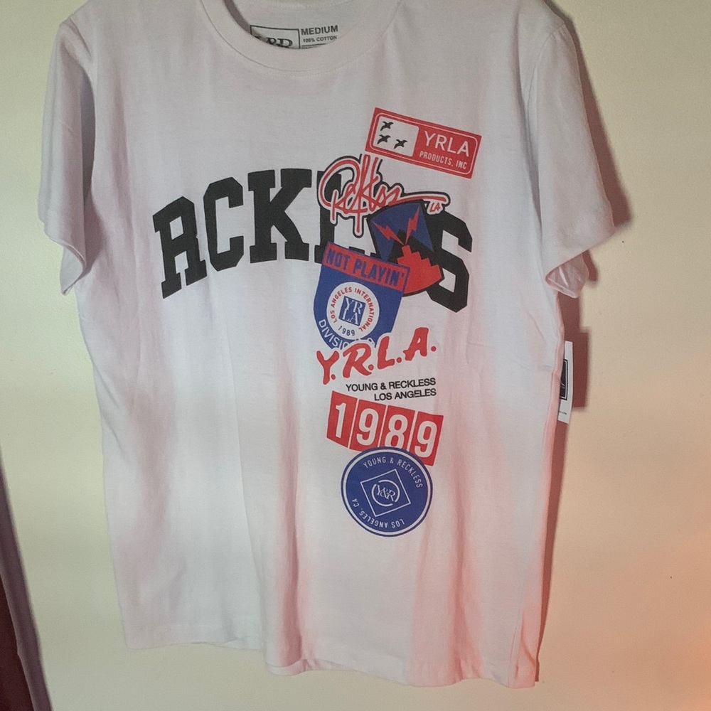 Young & Reckless White Graphic Tee with Red and Blue Accents nwt